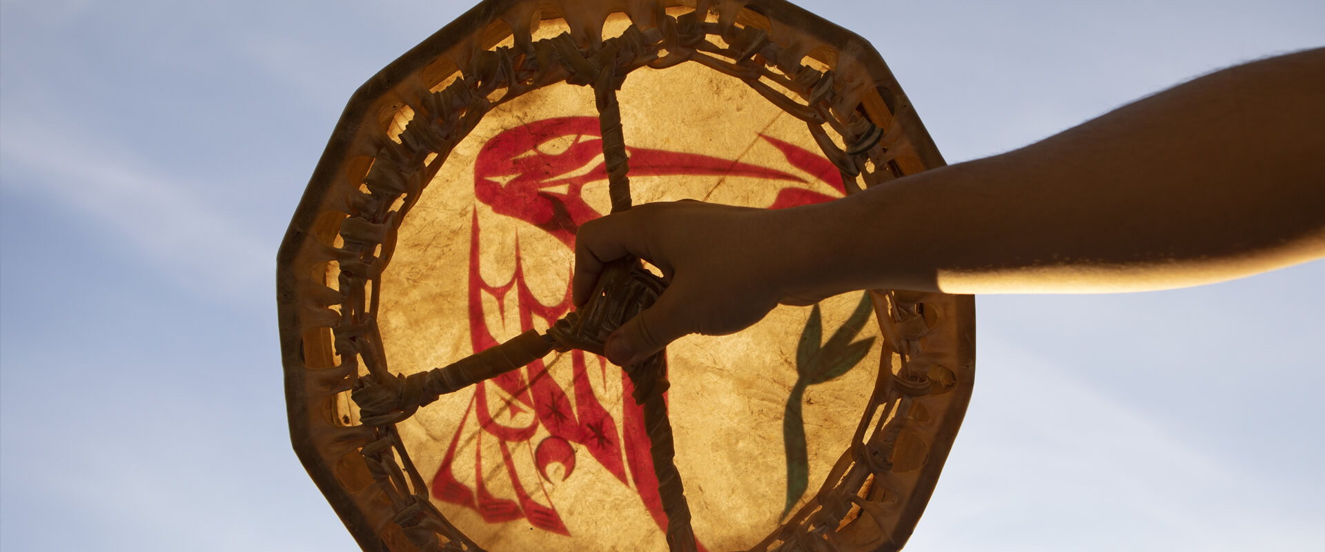 A drum with traditional artwork of a hummingbird is held up to the sunlight.